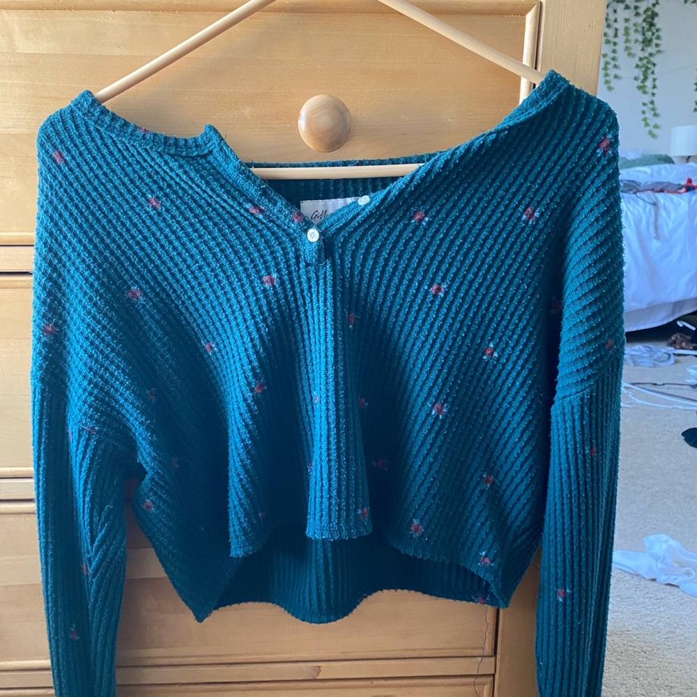 Green Sweater with Red Roses Gilly Hicks